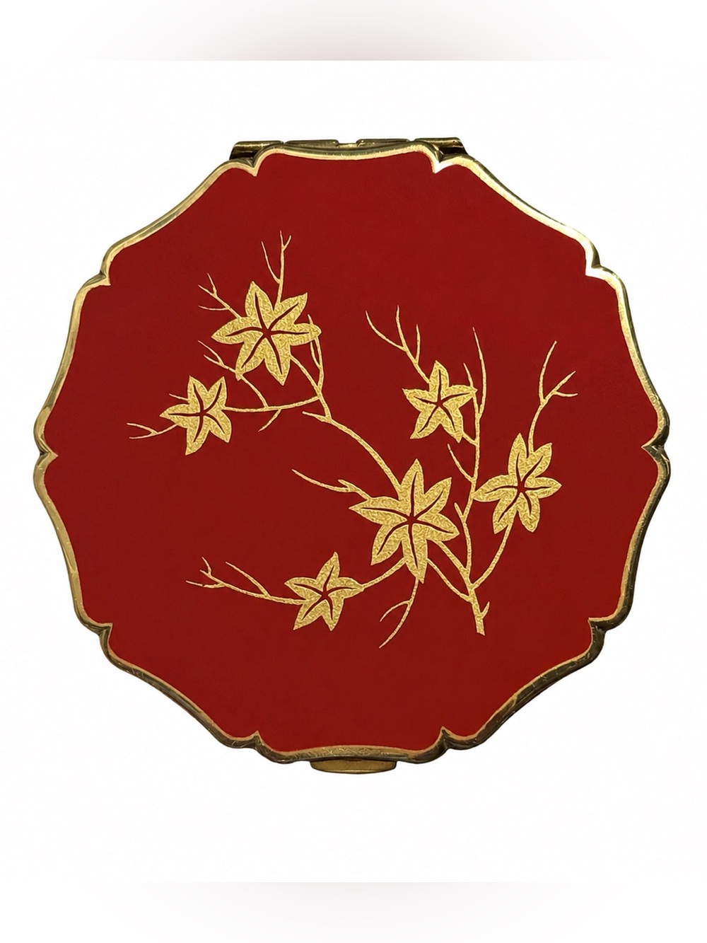 Vintage Stratton England Red Burgundy Enamel  Compact with Gold Maple Leaf Motif